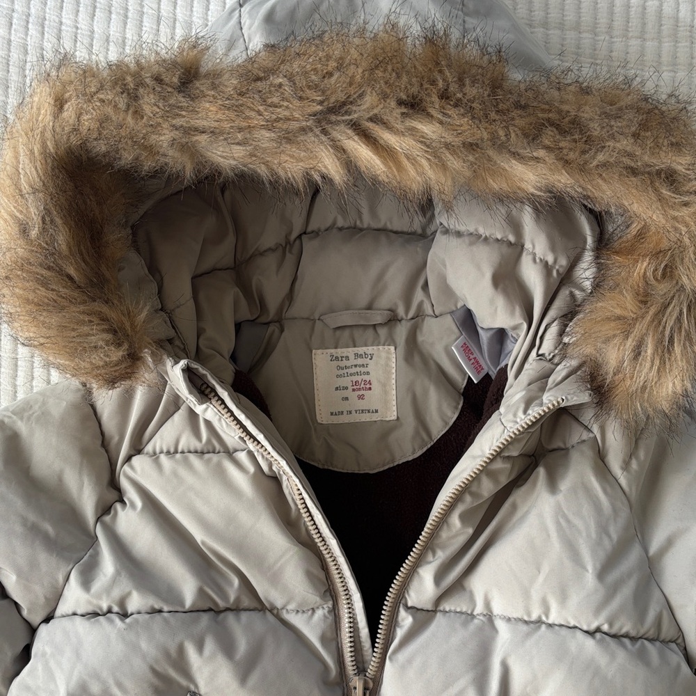 Zara Baby Gray Puffer Jacket with Faux Fur Trim Hood - Picture 3 of 14